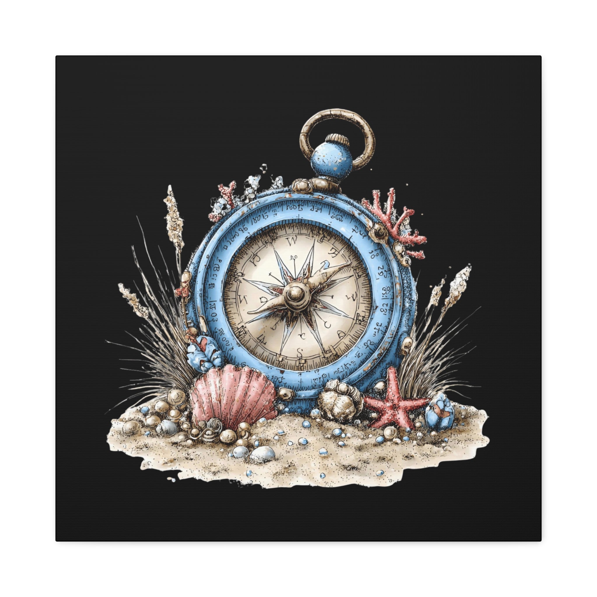 Nautical Compass Canvas Wall Art — Vintage Sea Shell Beach Decor