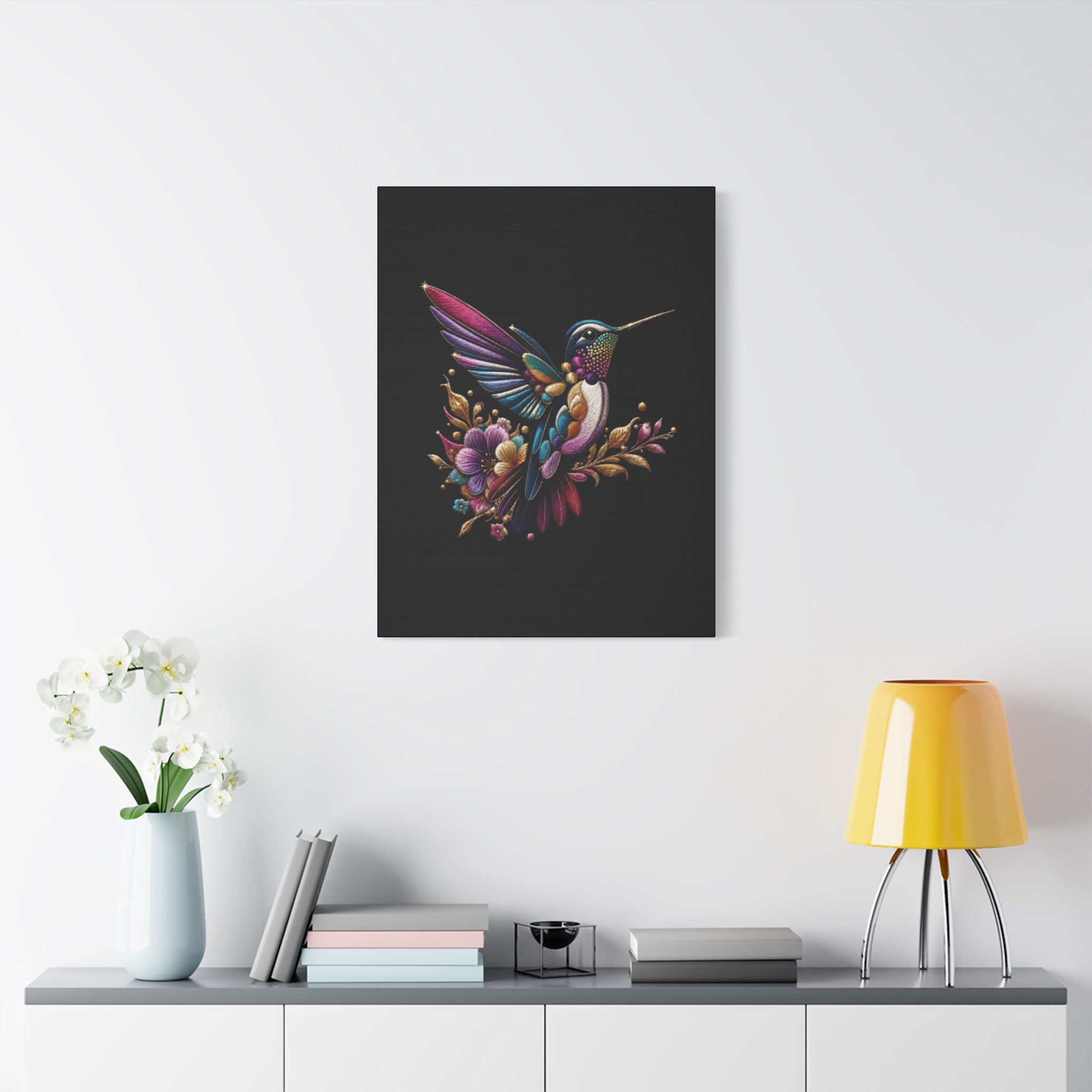 Colorful Hummingbird Floral Canvas Wall Art – Vibrant Bird Print on Black Matte