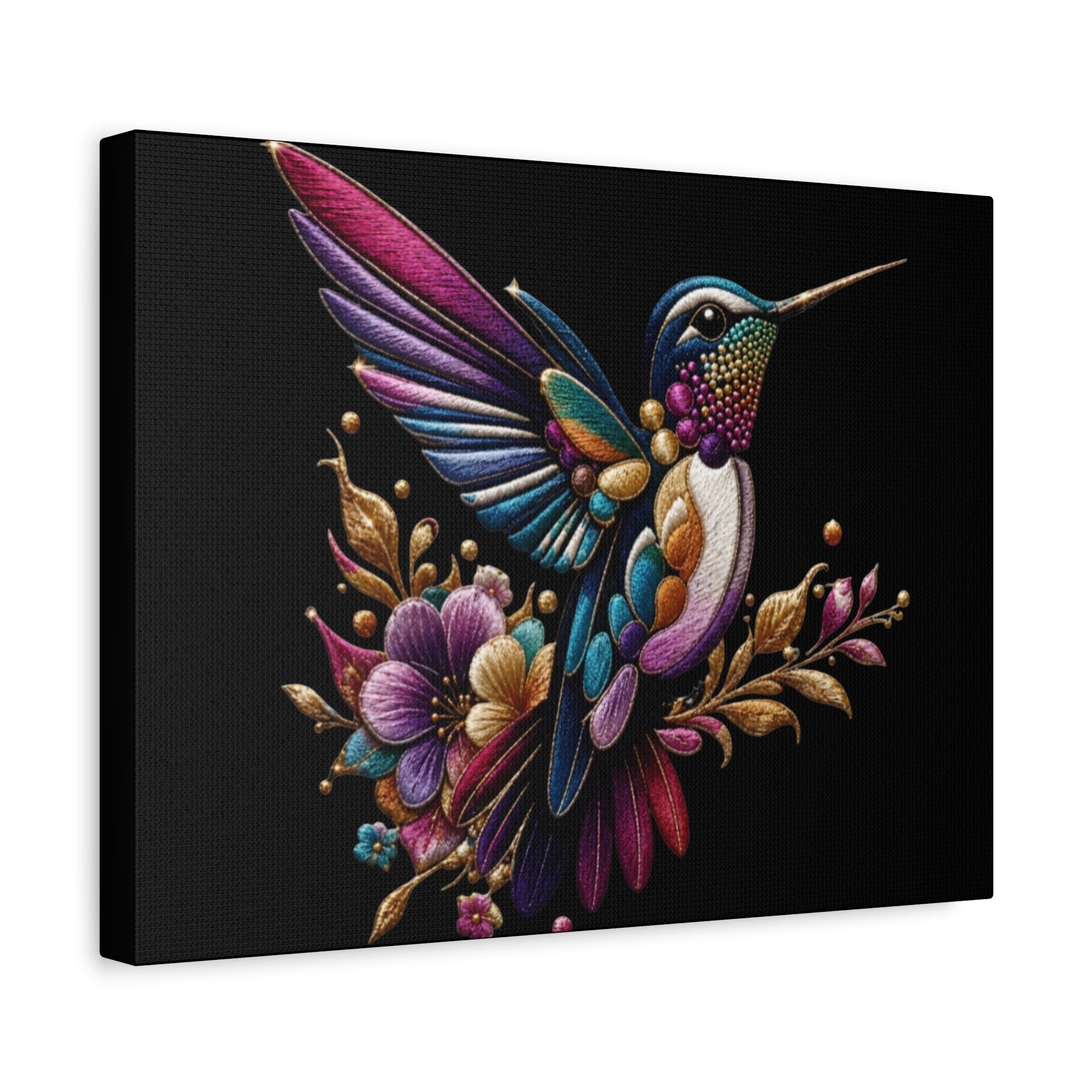 Colorful Hummingbird Floral Canvas Wall Art – Vibrant Bird Print on Black Matte