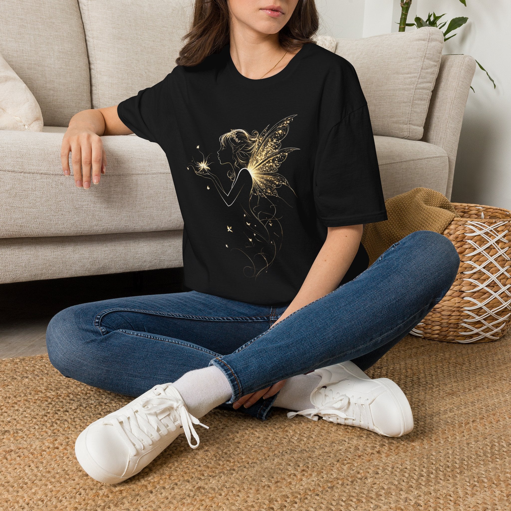 Fairy Silhouette T-Shirt — Gold Sparkle Fairy Wings Graphic Tee