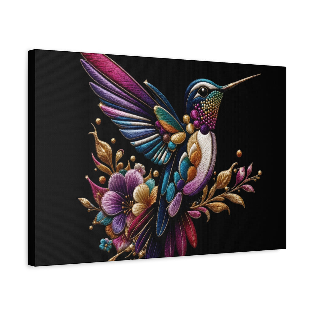 Colorful Hummingbird Floral Canvas Wall Art – Vibrant Bird Print on Black Matte