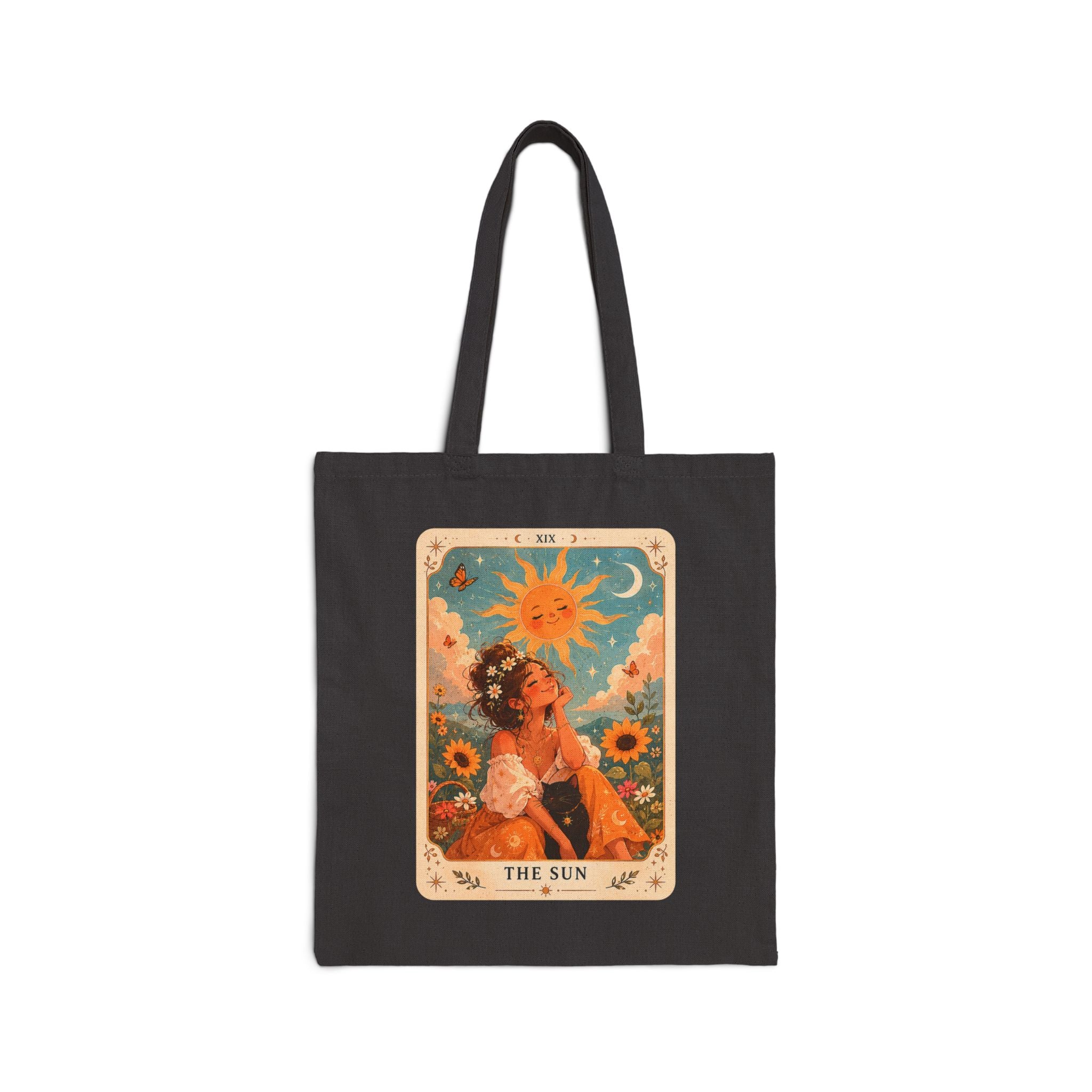 Tarot 'The Sun' Canvas Tote Bag — Vintage Sunflower Boho Market Bag