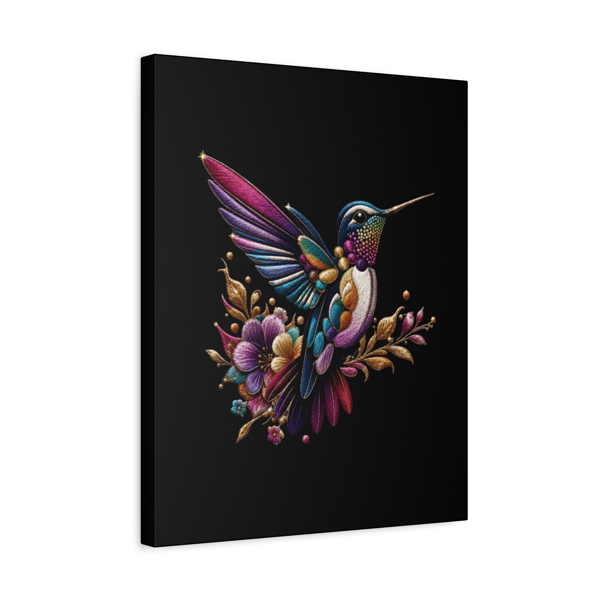 Colorful Hummingbird Floral Canvas Wall Art – Vibrant Bird Print on Black Matte