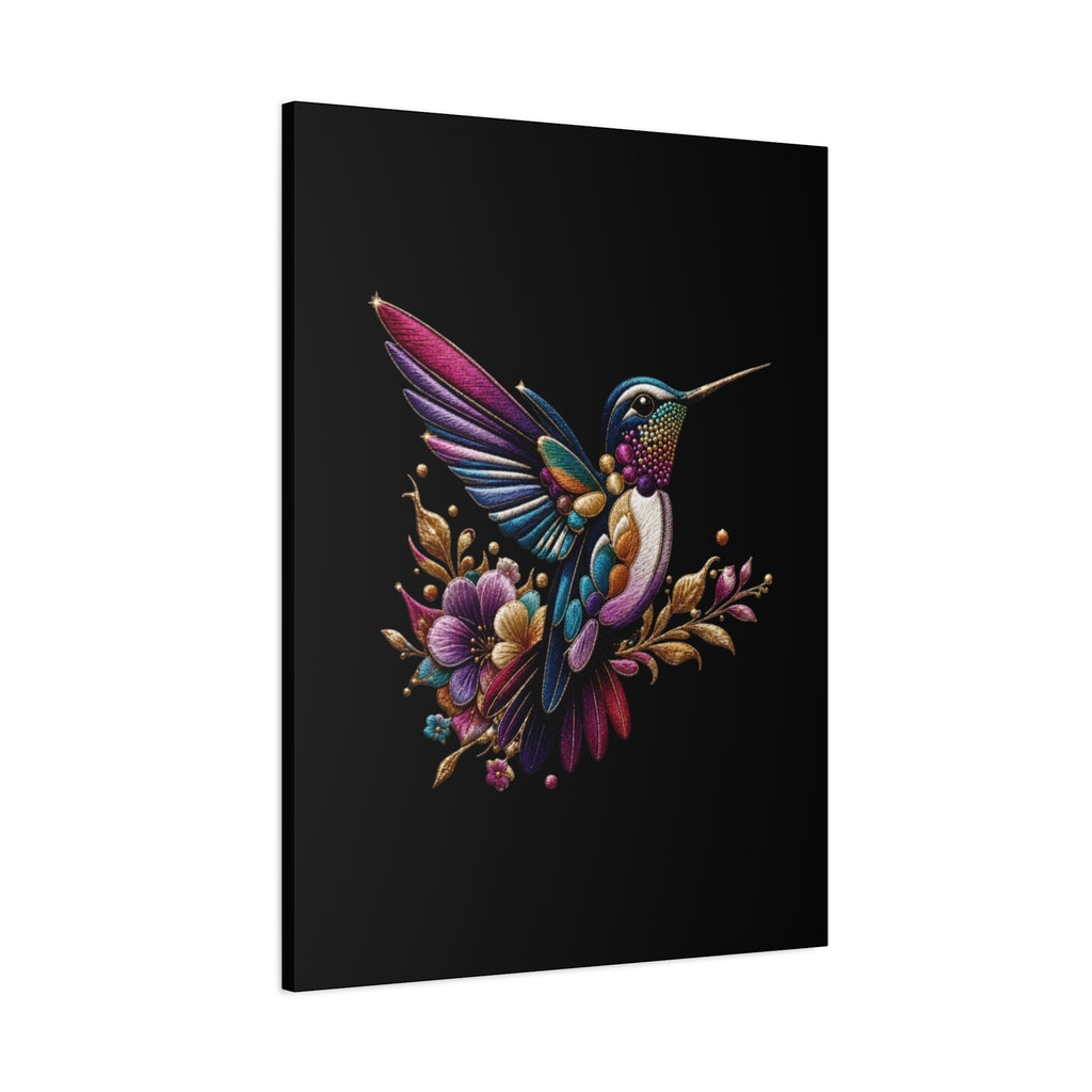 Colorful Hummingbird Floral Canvas Wall Art – Vibrant Bird Print on Black Matte