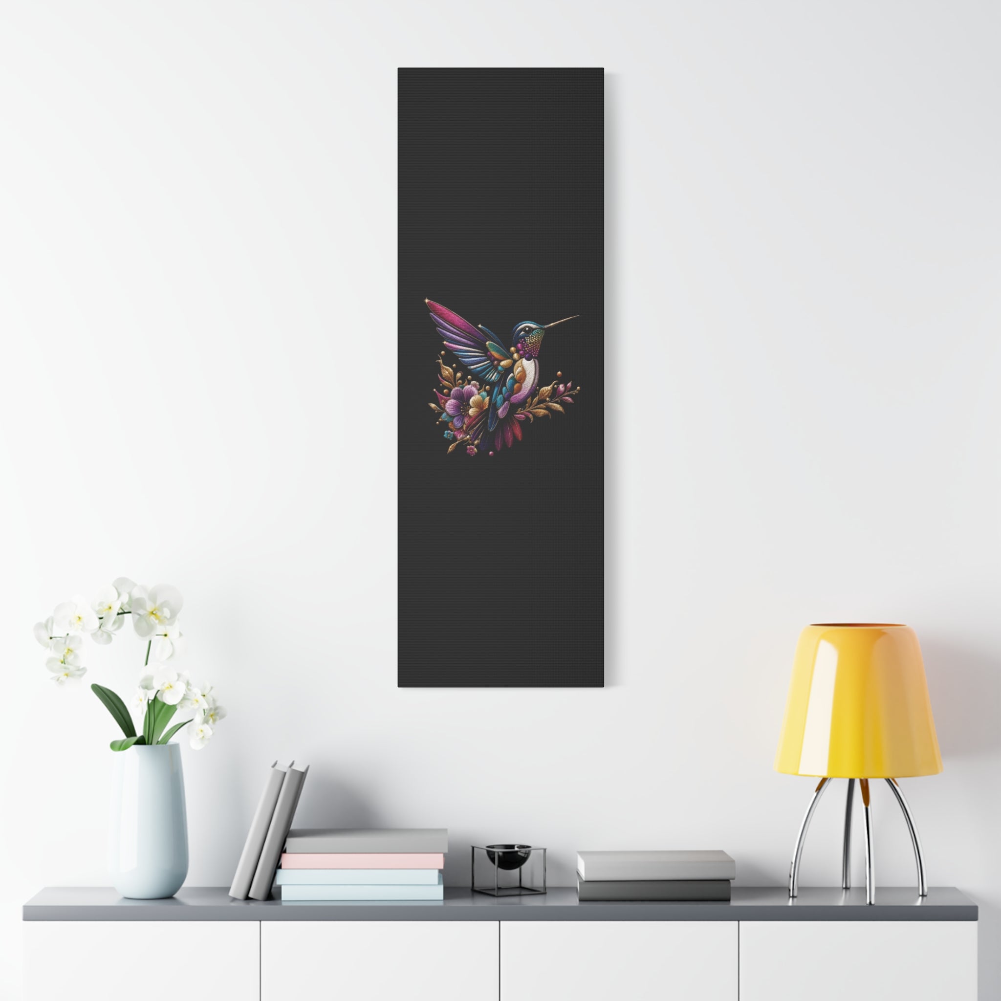 Colorful Hummingbird Floral Canvas Wall Art – Vibrant Bird Print on Black Matte