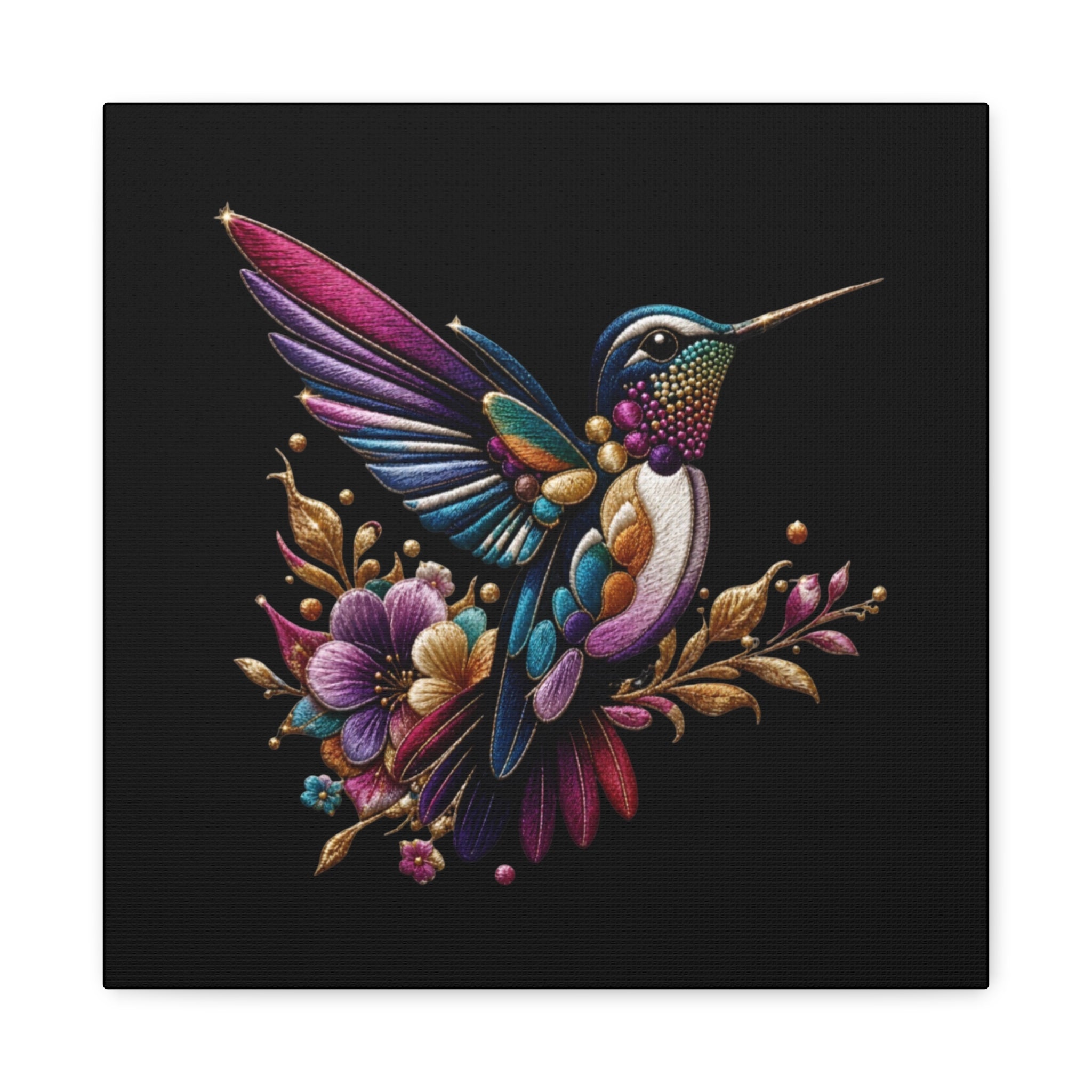 Colorful Hummingbird Floral Canvas Wall Art – Vibrant Bird Print on Black Matte