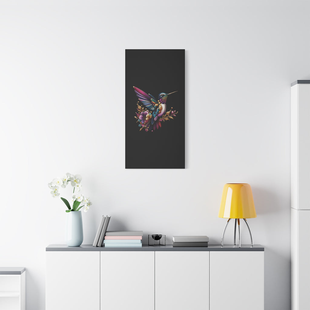 Colorful Hummingbird Floral Canvas Wall Art – Vibrant Bird Print on Black Matte
