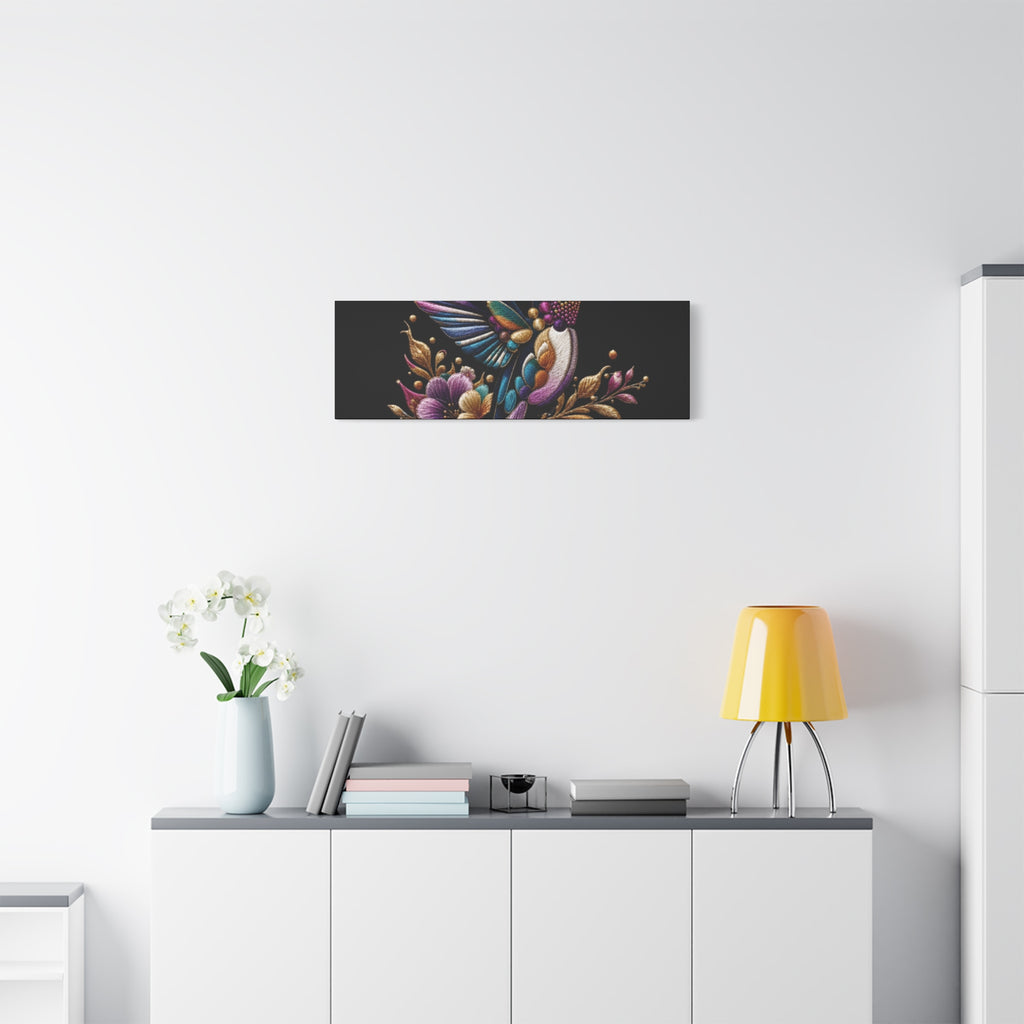 Colorful Hummingbird Floral Canvas Wall Art – Vibrant Bird Print on Black Matte