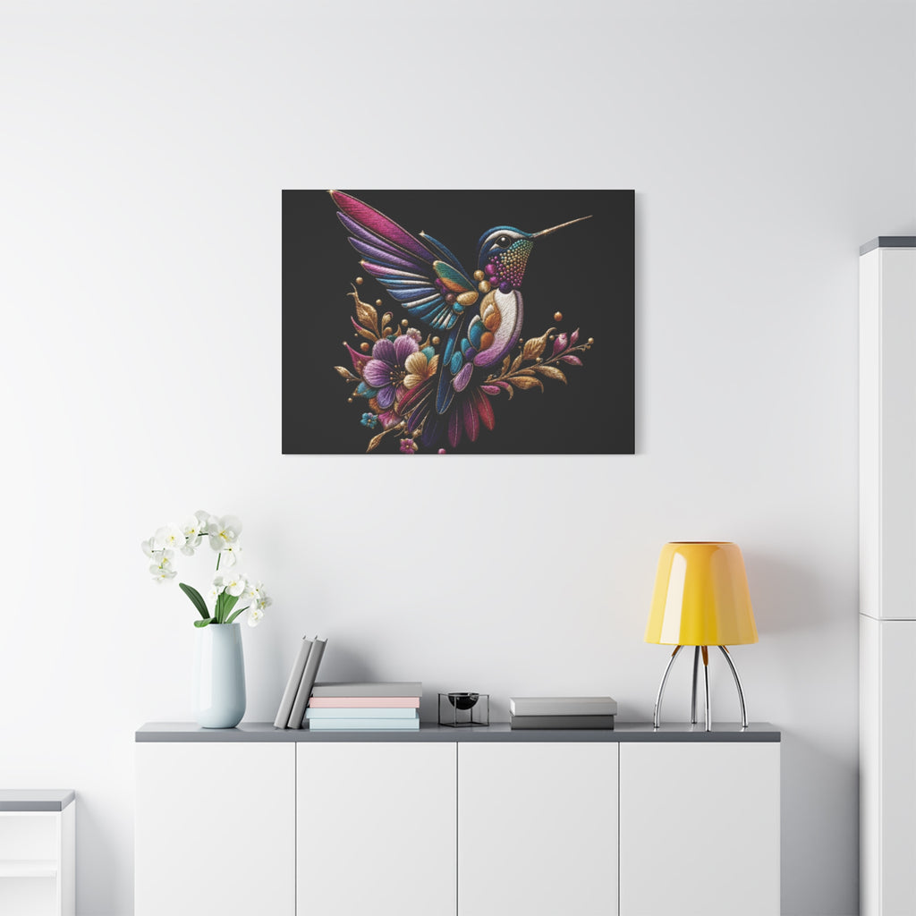 Colorful Hummingbird Floral Canvas Wall Art – Vibrant Bird Print on Black Matte