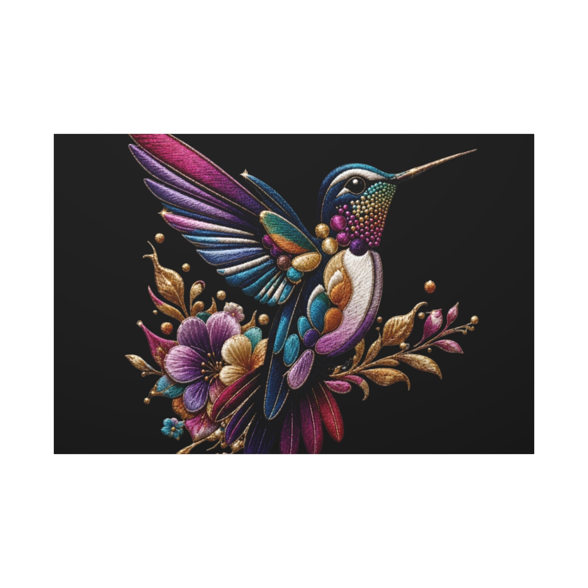 Colorful Hummingbird Floral Canvas Wall Art – Vibrant Bird Print on Black Matte