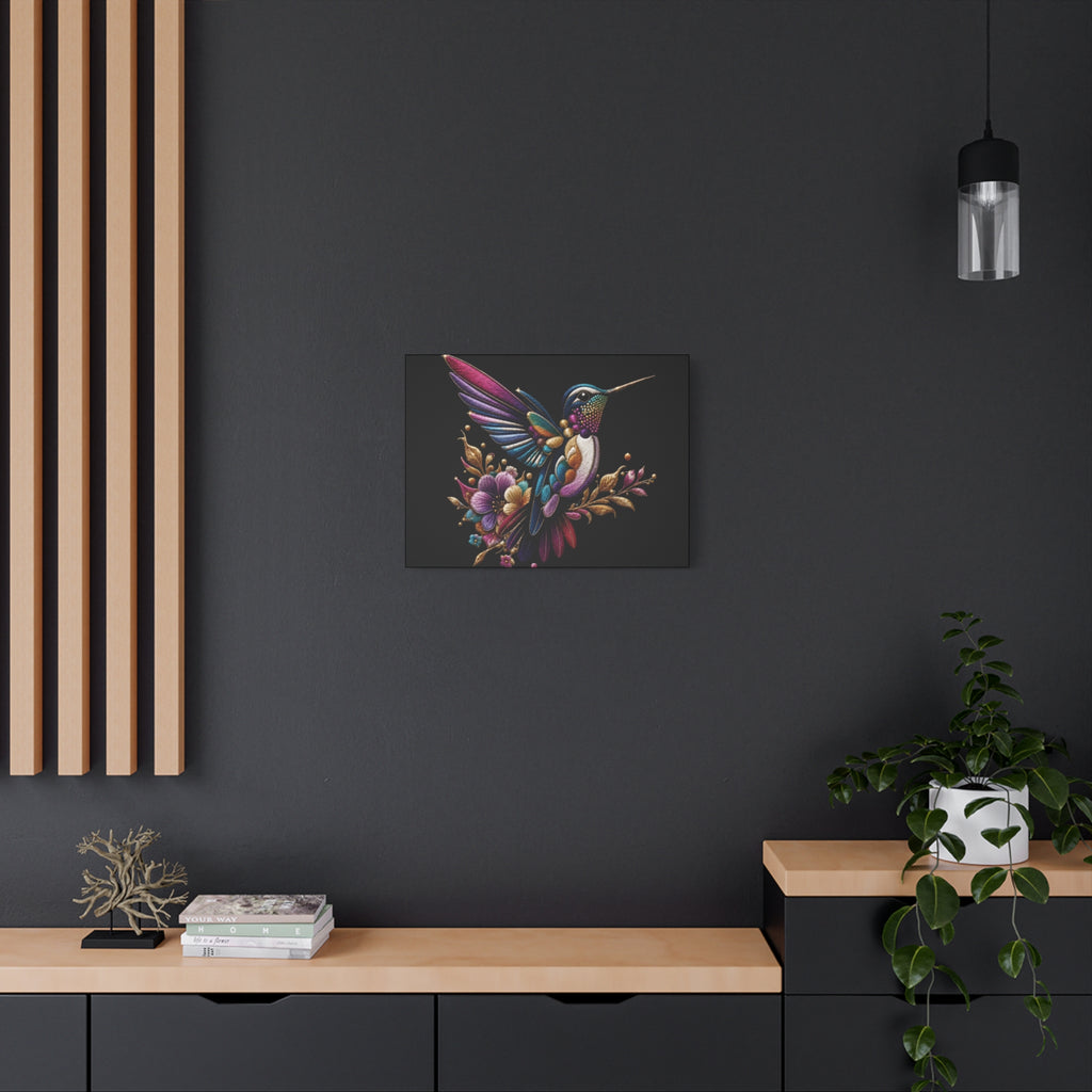 Colorful Hummingbird Floral Canvas Wall Art – Vibrant Bird Print on Black Matte