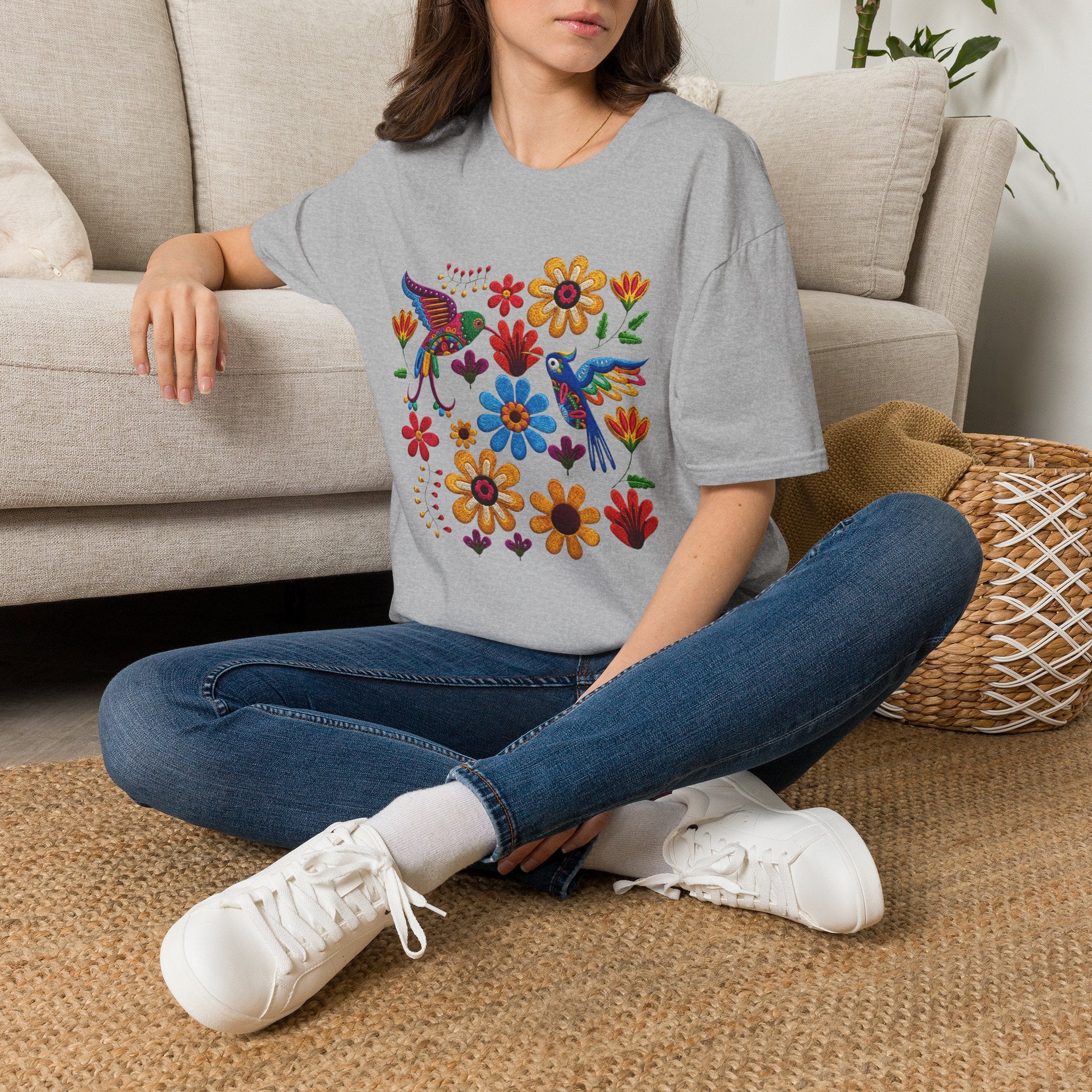 Floral Hummingbird Tee — Colorful Folk Art Flowers & Birds T-Shirt