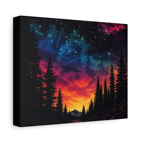 Aurora Forest Canvas Wall Art — Colorful Sunset & Starry Night Landscape