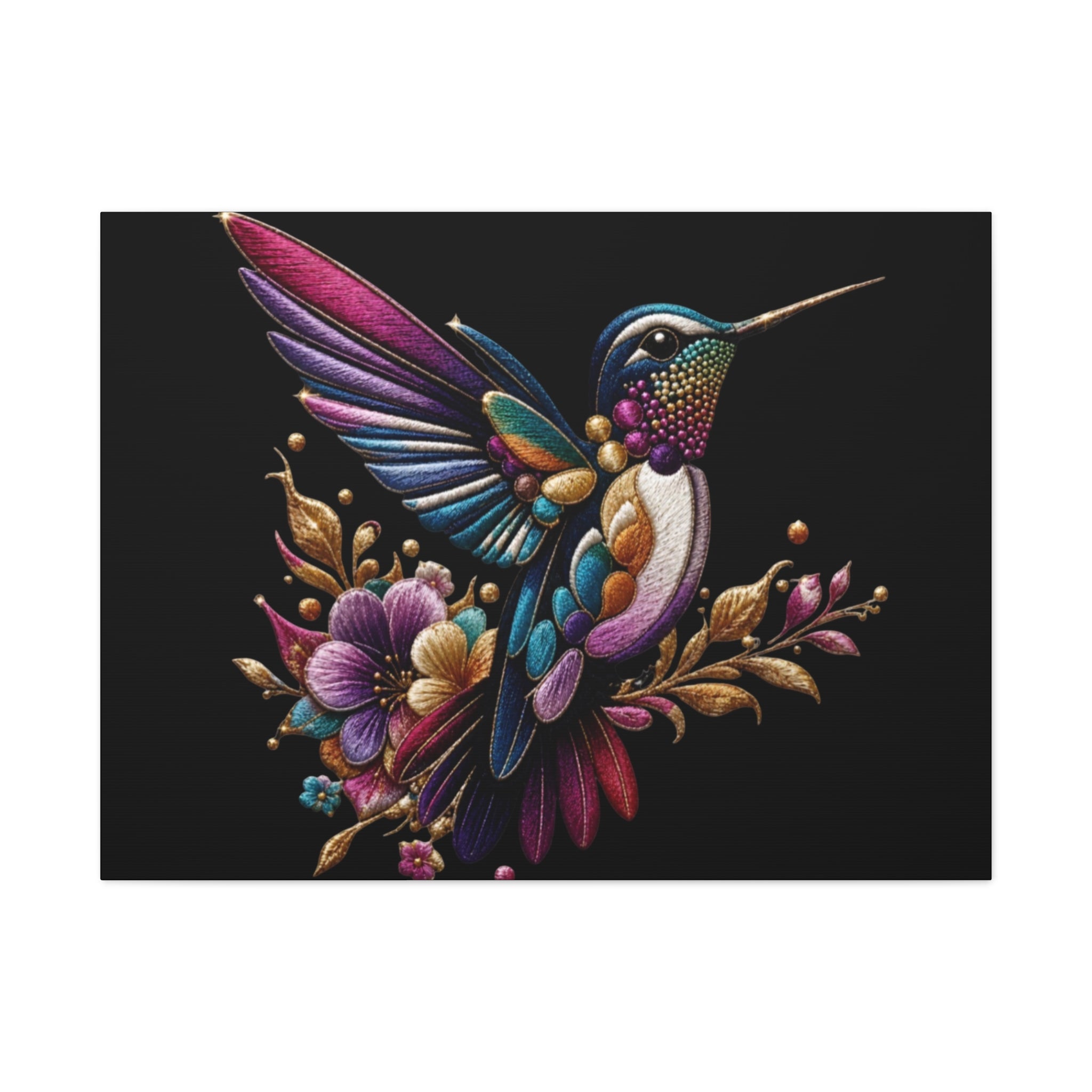 Colorful Hummingbird Floral Canvas Wall Art – Vibrant Bird Print on Black Matte