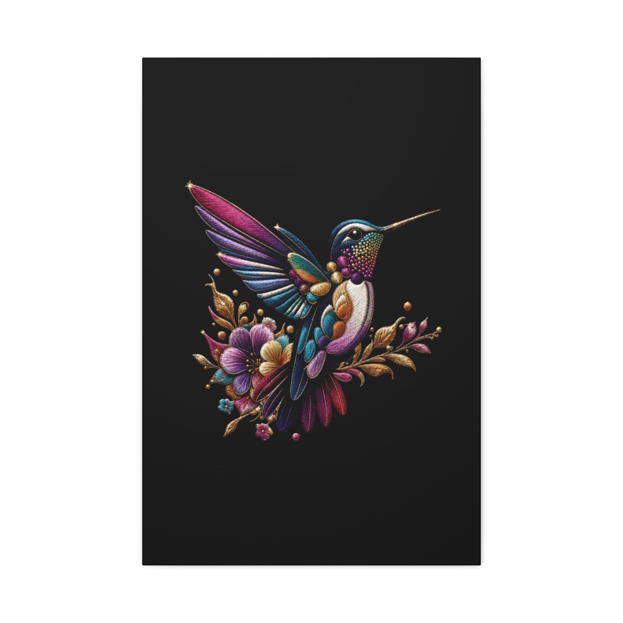 Colorful Hummingbird Floral Canvas Wall Art – Vibrant Bird Print on Black Matte