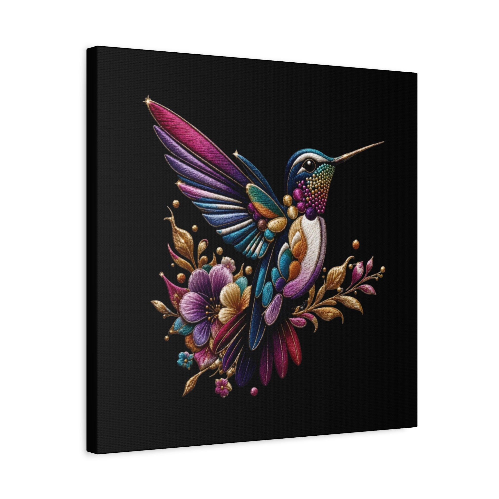 Colorful Hummingbird Floral Canvas Wall Art – Vibrant Bird Print on Black Matte
