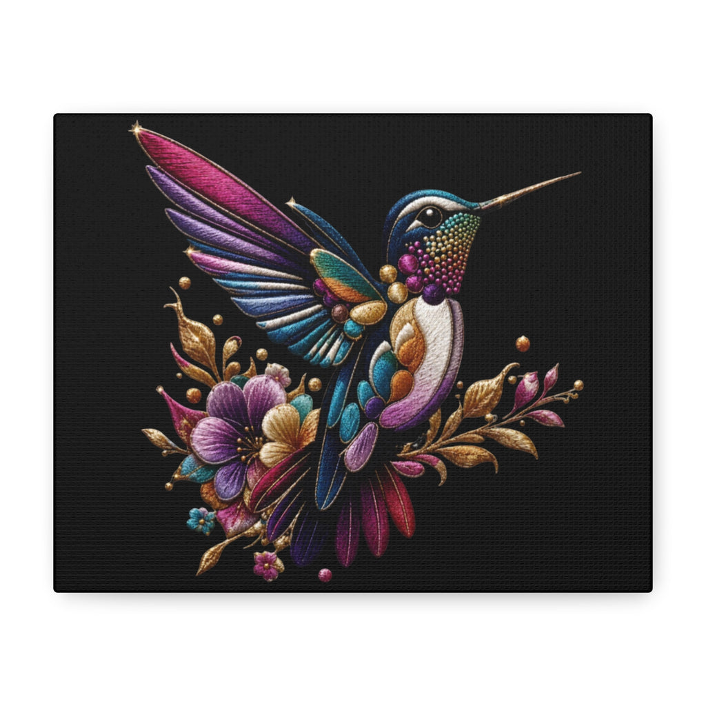 Colorful Hummingbird Floral Canvas Wall Art – Vibrant Bird Print on Black Matte