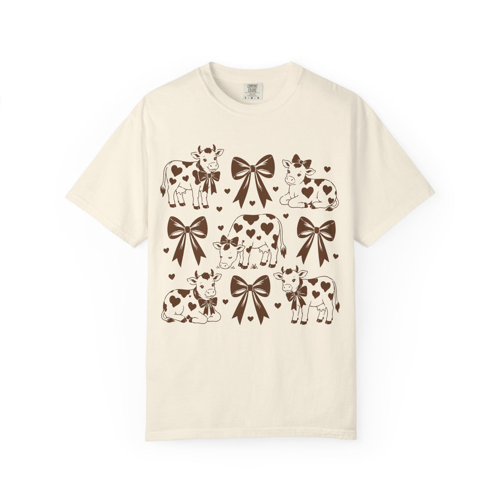 Cow Pattern Graphic T-Shirt — Cute Cow & Bow Farm Animal Tee